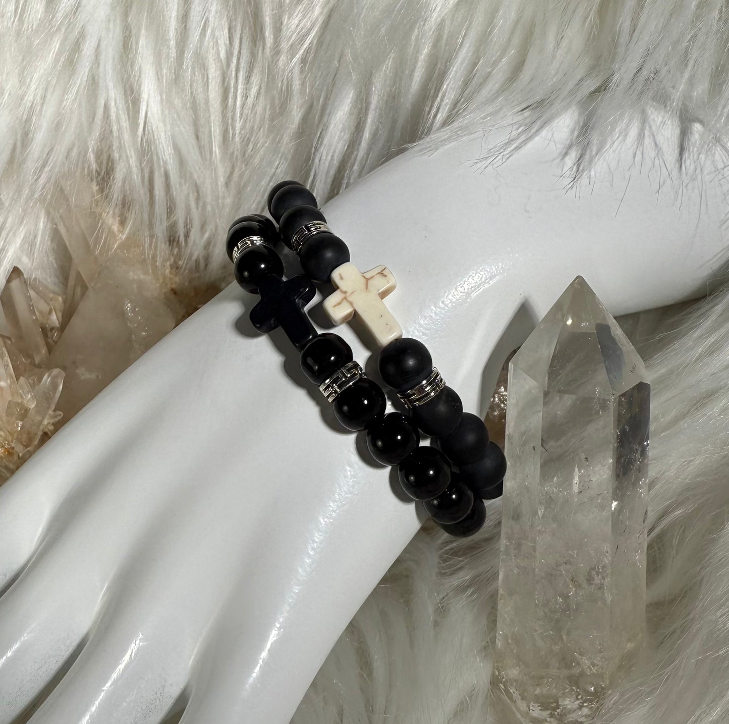 Obsidian (Matte) Beads w/Howlite Cross Bracelet