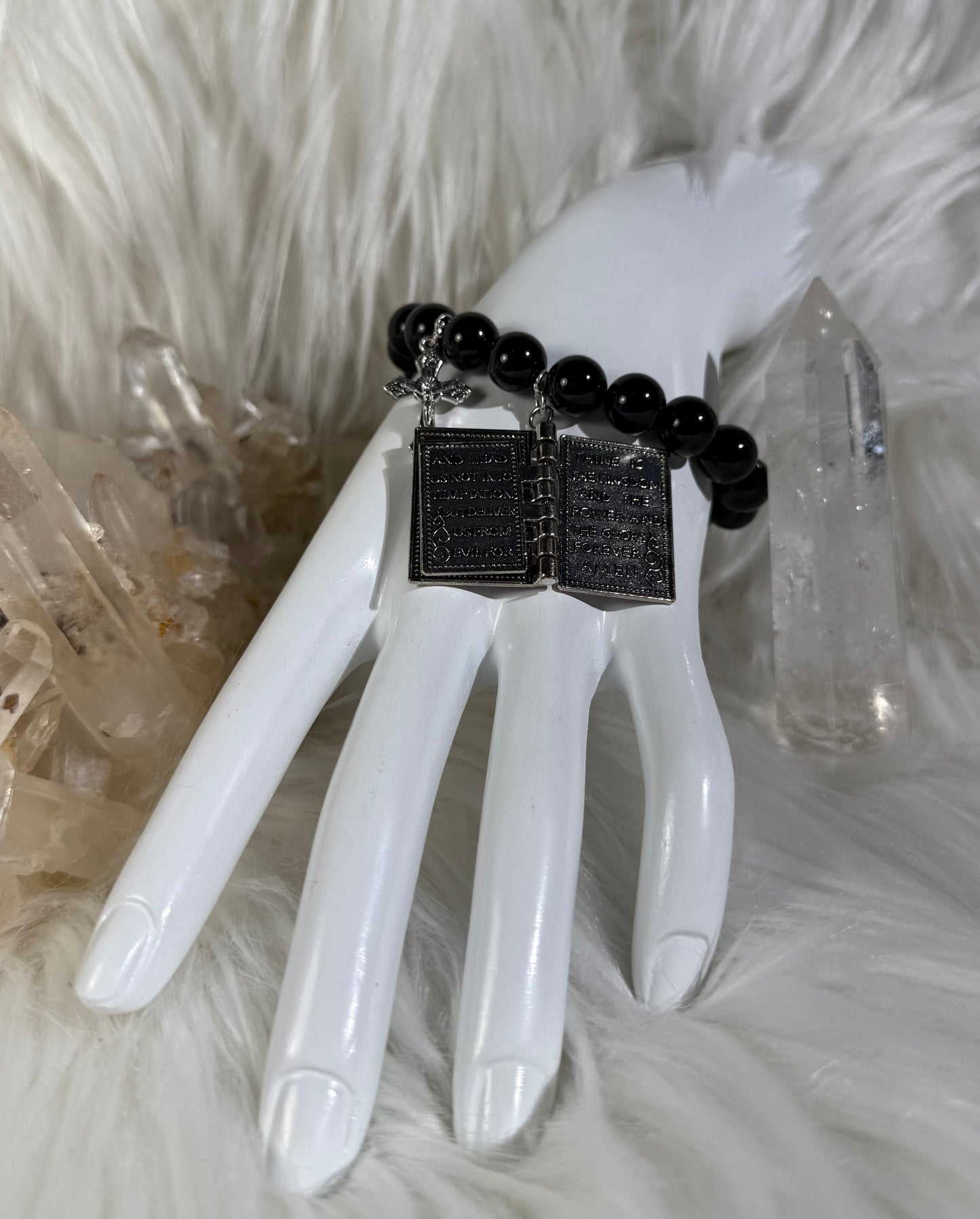 Obsidian Beads with Bible & Cross Charms Bracelet