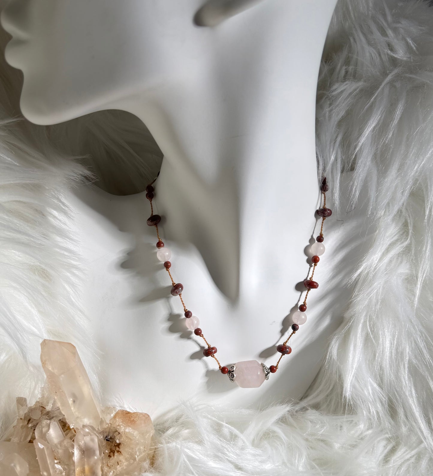 Rose Quartz w/Red Jasper Necklace (Adjustable Chain)