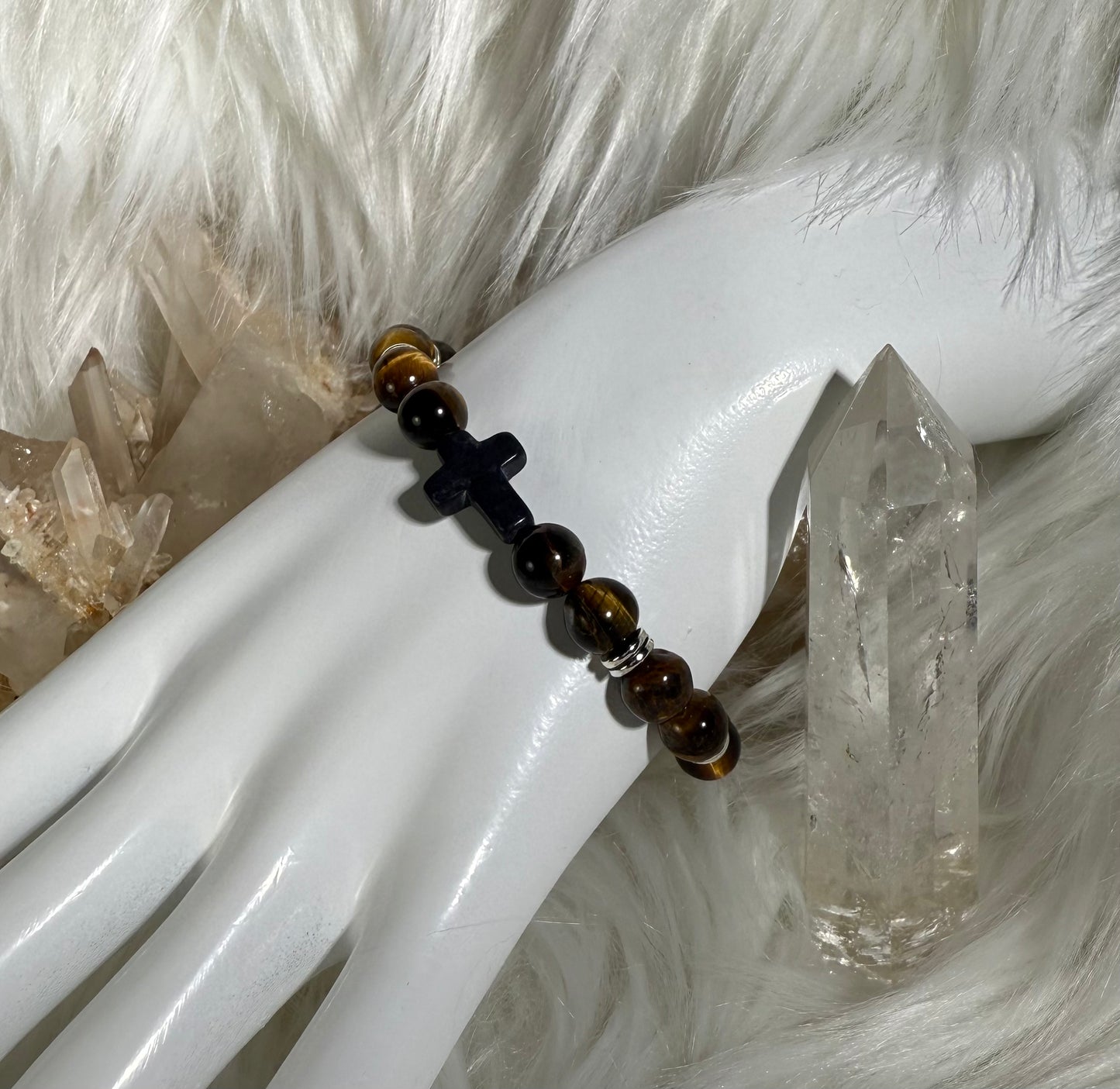 Tiger's Eye & Tourmaline Cross Bracelet