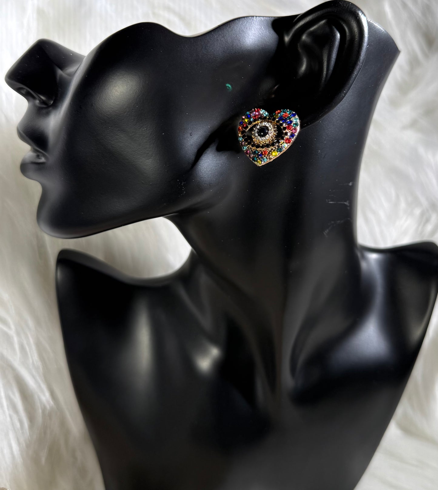 Evil Eye Heart Shape Hollow Rhinestone Earing Studs - Multicolor