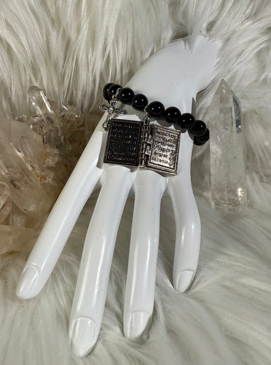 Obsidian	Beads with Bible & Cross Charms Bracelet